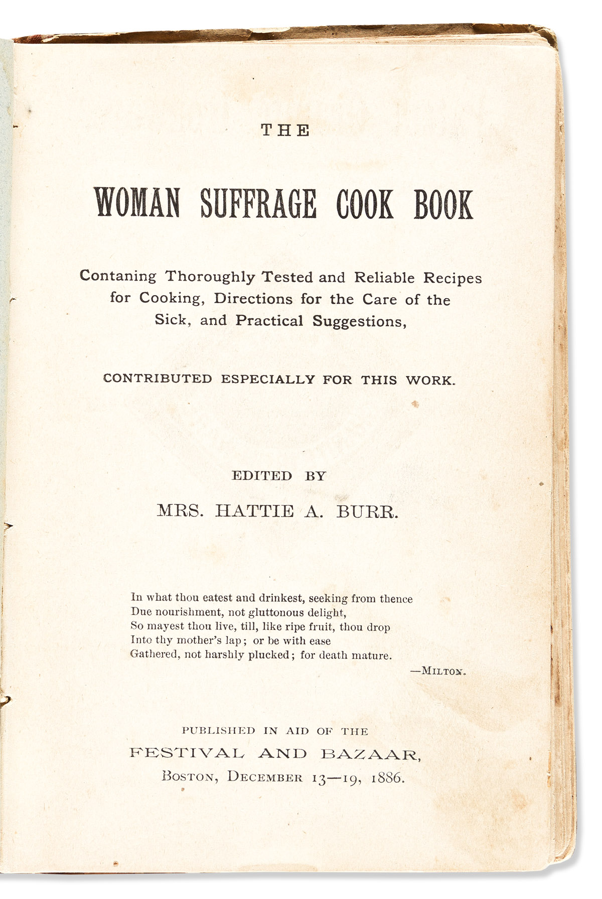 Burr, Hattie A. (fl. circa 1886) The Woman Suffrage Cook Book.